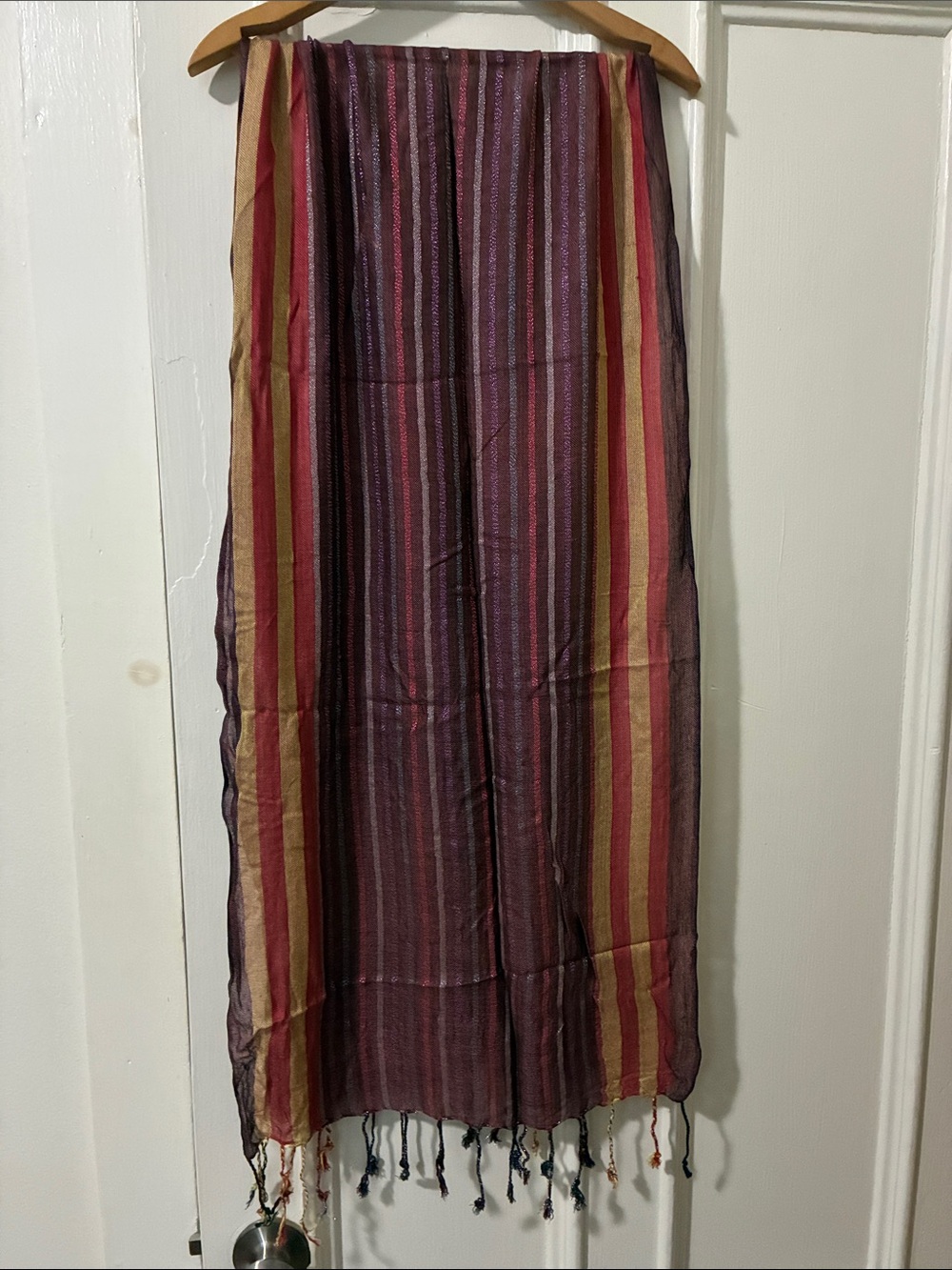Brown Multicolor Stripes Headwrap Scarf Fringe Metallic Shimmer